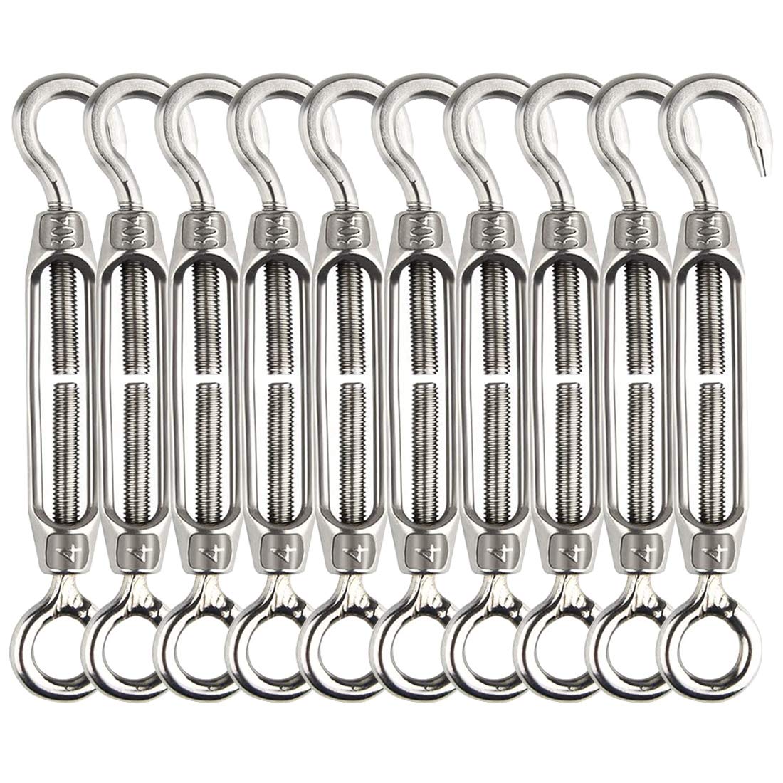 Turnbuckle Lsqurel 10PCS 304 Stainless Steel Turnbuckle Hook and Eye Heavy Duty M4 M6 M8 M10 Tensioner Adjustable Shade Sail Hardware for Tightening up Metal Cable Wire 5/32 1/4 5/16 3/8