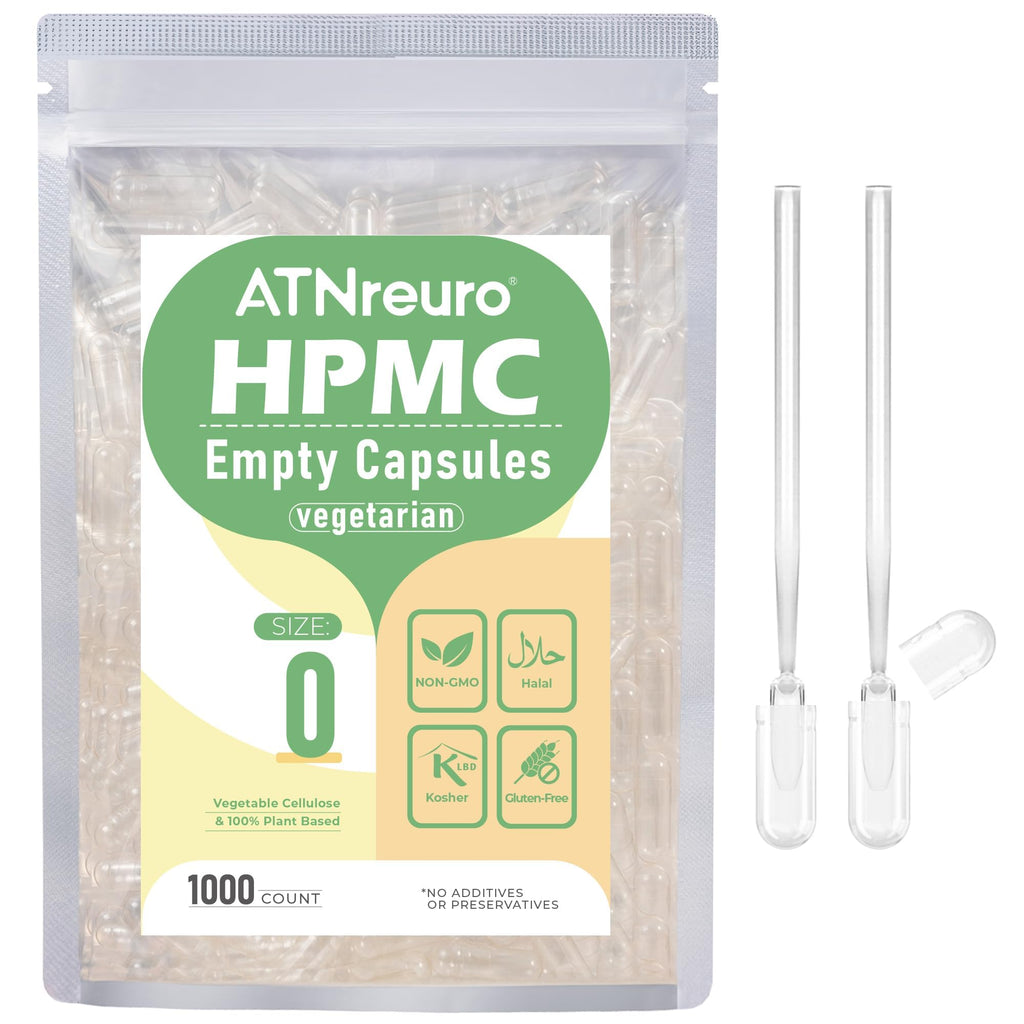 ATNreuro Size 0 Empty Vegan Capsules with 2 Micro Spoons - 1000 Count Empty Vegetarian Capsules - Empty Pill Capsules for Powders Supplements