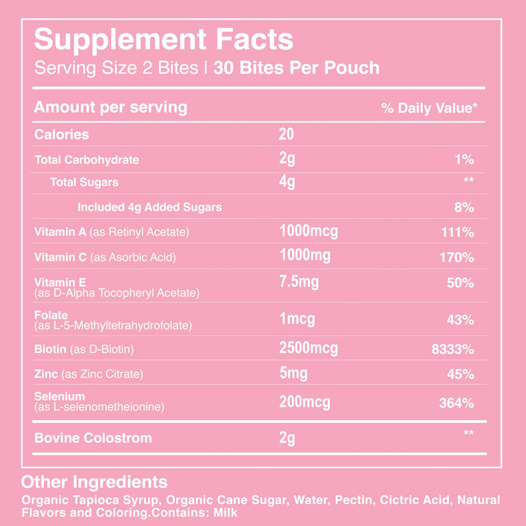Pretty Thing Colostrum Bites for Women – 1g Bovine Colostrum Bites with Biotin, Folate, Zinc, Vitamins A C E – Beauty and Wellness Supplement for Hair, Skin, Gut, and Immune Health - 30 Pack