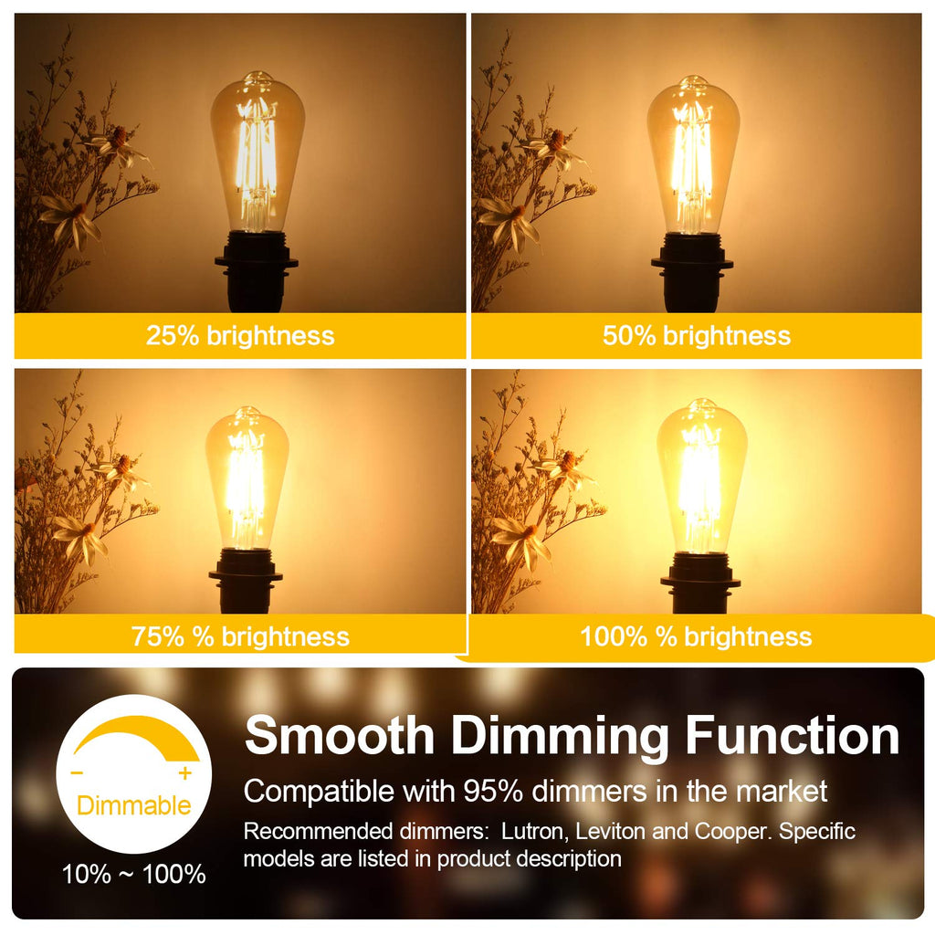 TOBUSA Dimmable LED Edison Light Bulbs 100W Incandescent Equivalent, Vintage Light Bulb 2700K Warm White(Amber Glass), ST64/ST21 LED Filament Bulbs 8W 1200LM, E26 Edison Bulb for Home, Reading 4-Pack