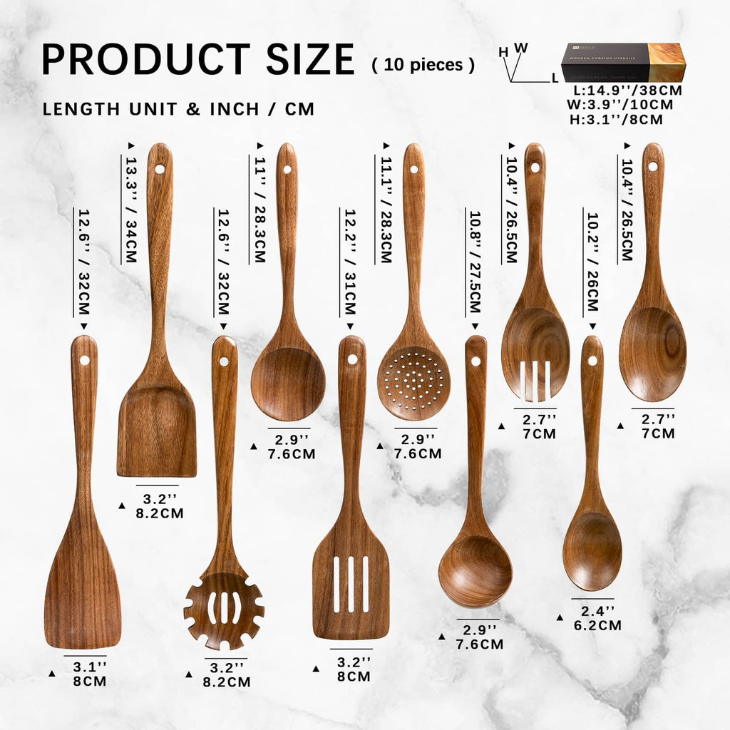 Hefild Wooden Spoons for Cooking, 10-Piece Acacia Wood Cooking Utensil Set