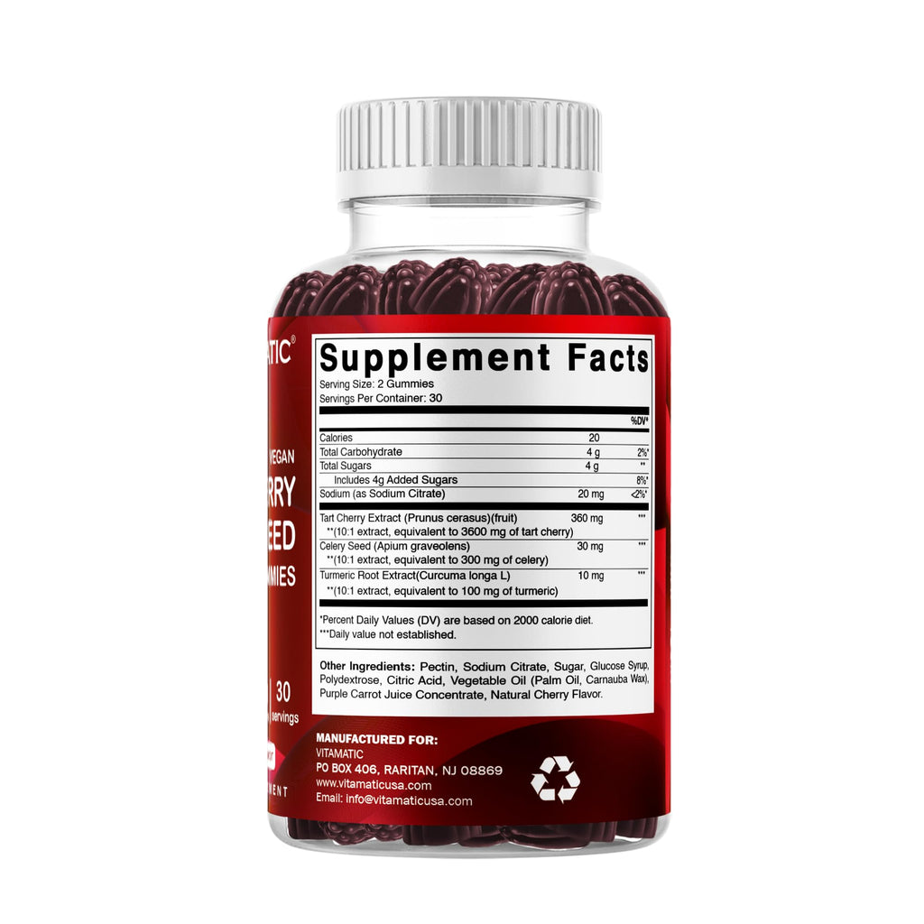 Vitamatic Tart Cherry with Celery Seed Gummies – 4000mg Equivalent Per Serving (from 10:1 Extract, 400mg) - 2-Pack