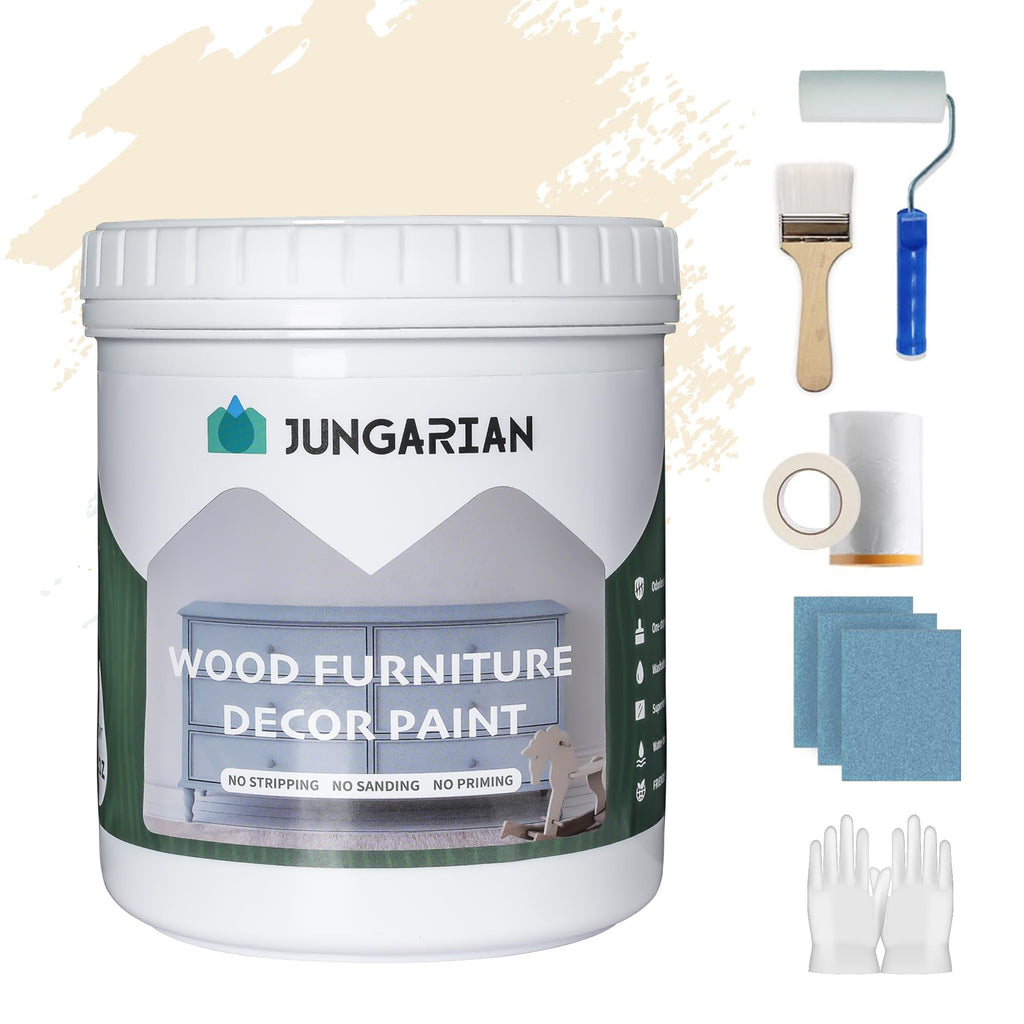 Jungarian Furniture Paint Kit 16oz with Tools - Water-based & Low Odor No Sanding No Priming - Matte Finish Indoor Outdoor Wood Paint for Cabinets, Doors, Tables and Dressers - Cream
