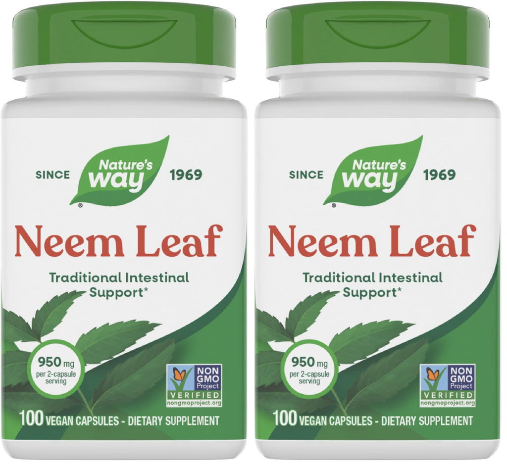 Nature's Way Neem Leaf Capsules,Traditional Intestinal Support*,Used in Ayurveda,950 mg per 2-Capsule Serving,Non-GMO Project Verified,Vegan,(Packaging May Vary),100 Count (Pack of 2)