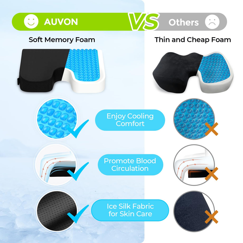 AUVON Gel Wheelchair Seat Cushion, Relieve Sciatica, Back, Coccyx, Pressure Sore and Ulcer Pain, Refreshing Ergonomic Chair Cushion with Waterproof Silk Fabric, Anti-Slip Cover