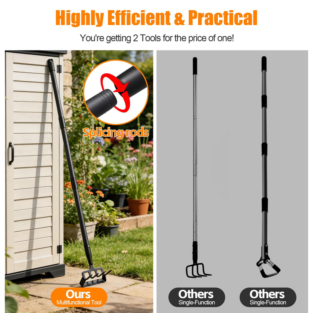 Garden Hoe, 62 Inch Weed Tool, Long Soil Tiller Cultivator, Heavy Duty Metal Stirrup Hoe Garden Tool Weeder Scraper Rake for Flower Beds, Patio, Garden Cultivating Loosening Soil Weeding Digging