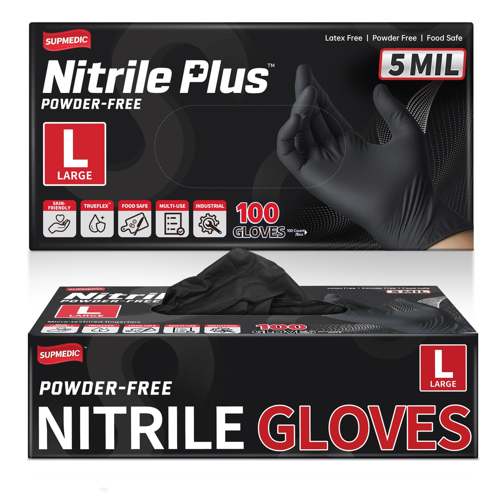 Supmedic Nitrile+ Disposable Gloves 5Mil Powder-Free Glove, Black 100 (L)