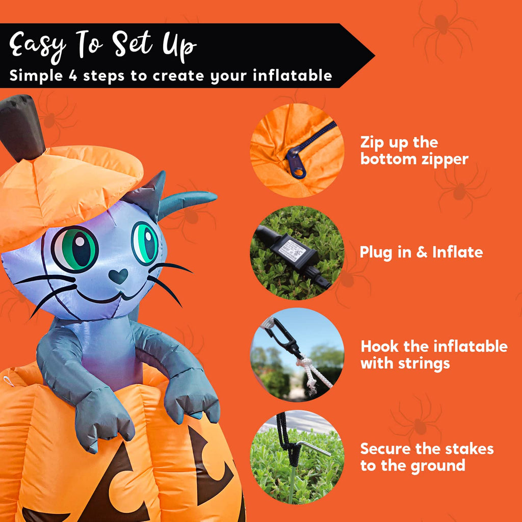 Joiedomi 5 FT Animated Pumpkin Inflatables, Outdoor Blow Up Cat On Pumpkin with LEDs for Yard, Outdoor Inflatable Halloween Decorations, Blow Up Halloween Decor for Outside