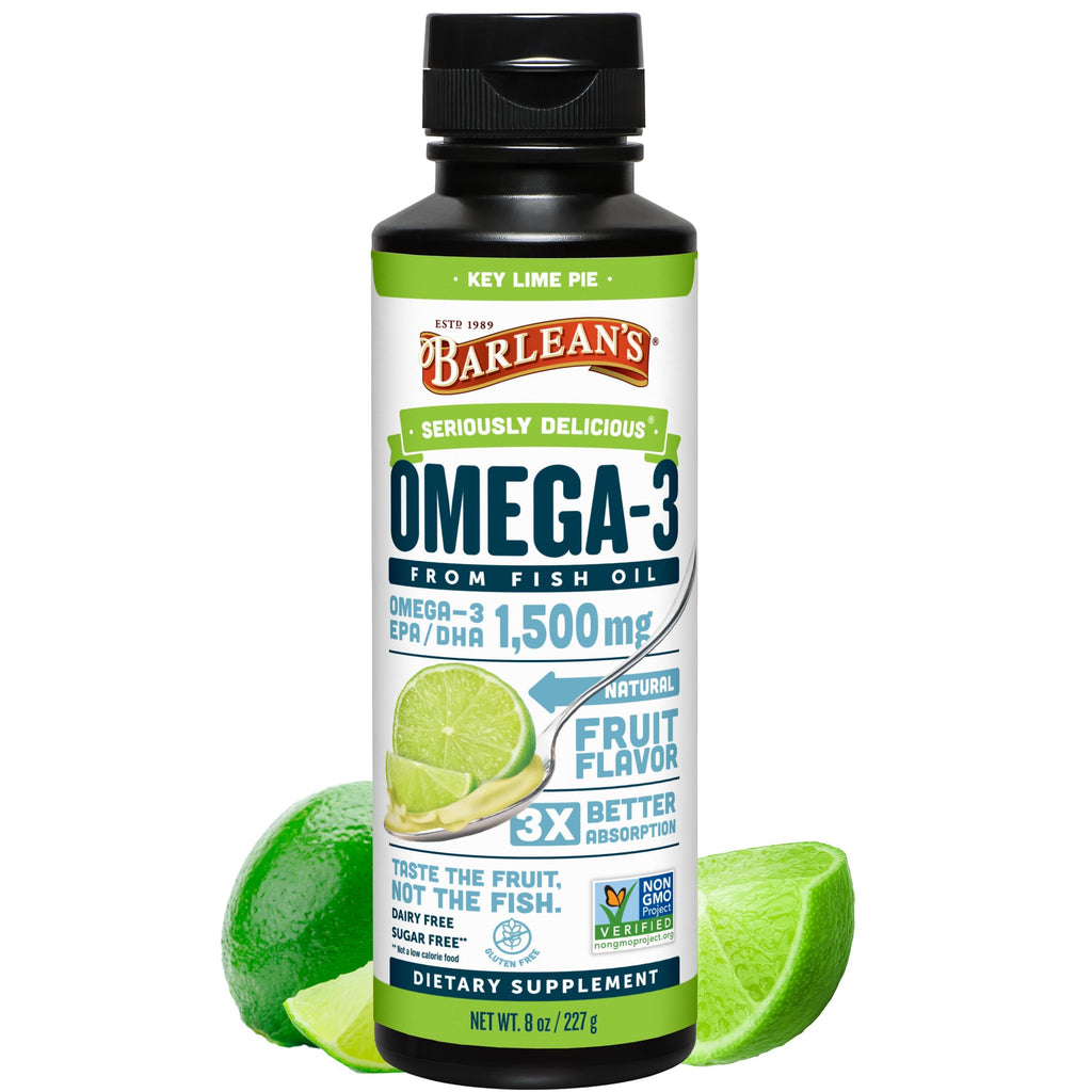 Barlean's Omega 3 Fish Oil Liquid Supplement for Men and Women, 1500mg of EPA and DHA Fatty Acid, Promotes Brain & Heart Health - Non-GMO, Key Lime Pie, 8 oz