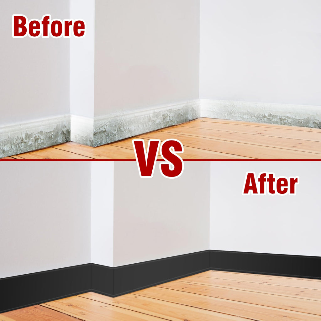Vinyl Baseboard Molding Trim 4 Inch x 200 Feet Peel and Stick Baseboard Trim Flexible PVC Cove Base Moulding Self-Adhesive Trim for Garage Bathroom Cabinet Floor Walls, Black