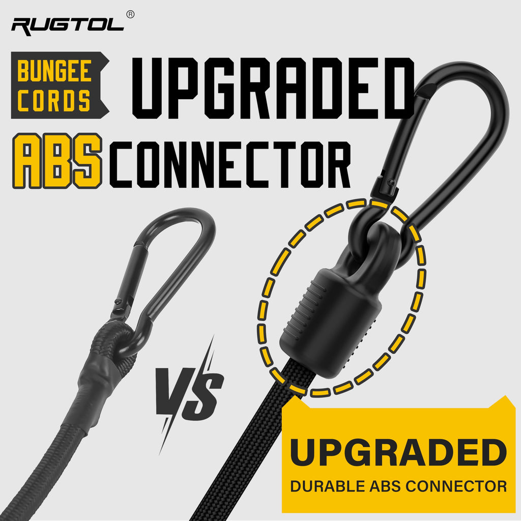 Rugtol Adjustable Bungee Cords with Hooks, 6 Pack Heavy Duty Outdoor Carabiner Bungee Cord, Black Super Elastic Bungee Straps Easily Adjust from 7" to 48", Great for Cargo, Camping, Bike Racks, Tents