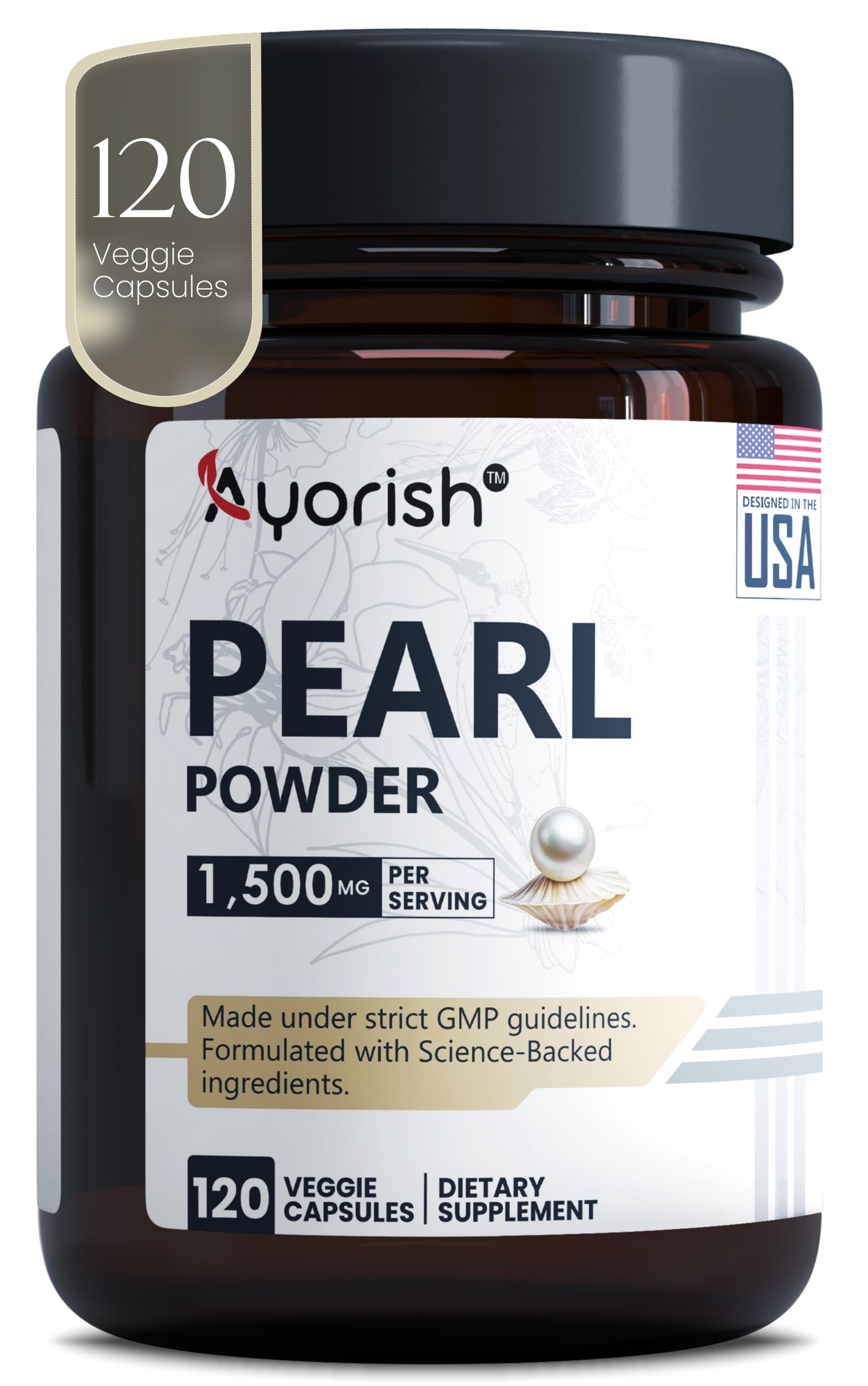 Ayorish Pearl Powder Capsules 1500mg | Organic Pure Levigated Pearl Powder Supplement to Support Skin, Eyes, Nails, Beauty | Natural Freshwater Pearl Capsules | 120 Veggie Caps | Clean Herbal Extract