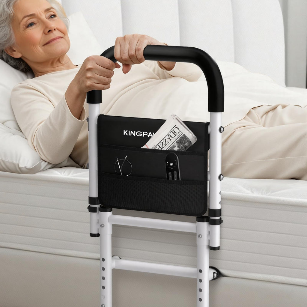 KingPavonini Bed Rails for Elderly Adults Safety 2026 Upgrade, ASTM-Approved Bed Rails for Seniors with Anti-Wobble Adjustable Feet, 400lb Bed Cane, Non-Slip Handle & Storage Bag, No-Tools, Model GS04