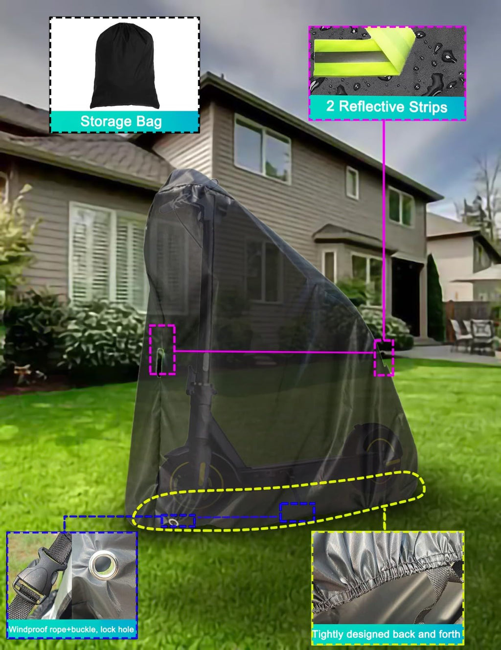 Electric Scooter Cover, Universal Scooter Cover, Waterproof Sun, Tear Proof Night Reflective and Lock-Holes&Storage Bag for With Seat or Without Foldable Kick Scooter(Without Seat,51"(L)x45"(H))