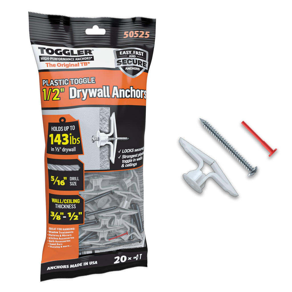 TOGGLER Toggle TB Drywall Anchor with Screws, 20 Pack, 3/8" to 1/2"