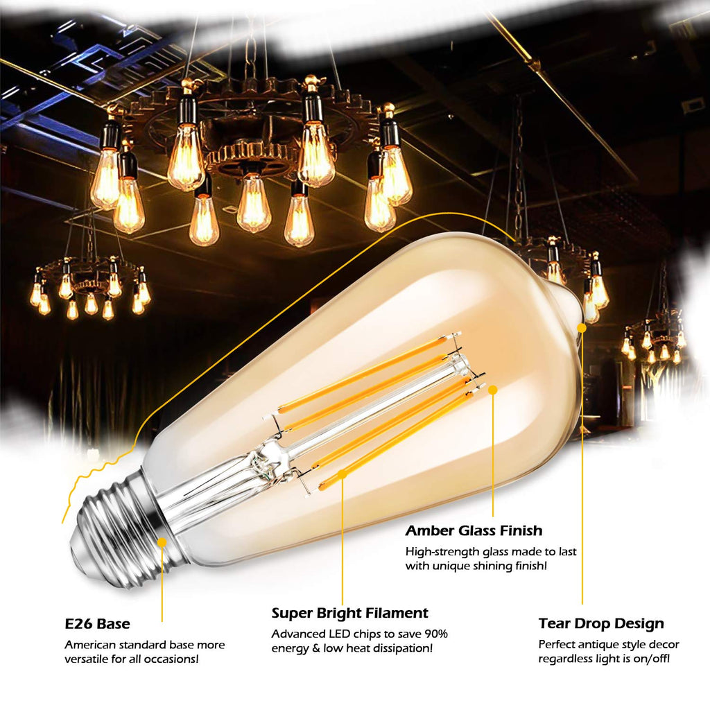 TOBUSA Dimmable LED Edison Light Bulbs 100W Incandescent Equivalent, Vintage Light Bulb 2700K Warm White(Amber Glass), ST64/ST21 LED Filament Bulbs 8W 1200LM, E26 Edison Bulb for Home, Reading 4-Pack
