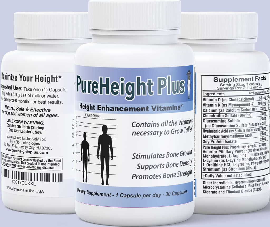 PureHeight Plus #1 Doctor Recommended Height Enhancement Supplement - Growth Vitamins for Kids, Teens & Adults - Increase Bone Strength and Density - Height Enhancer Vitamins Grow Taller Fast