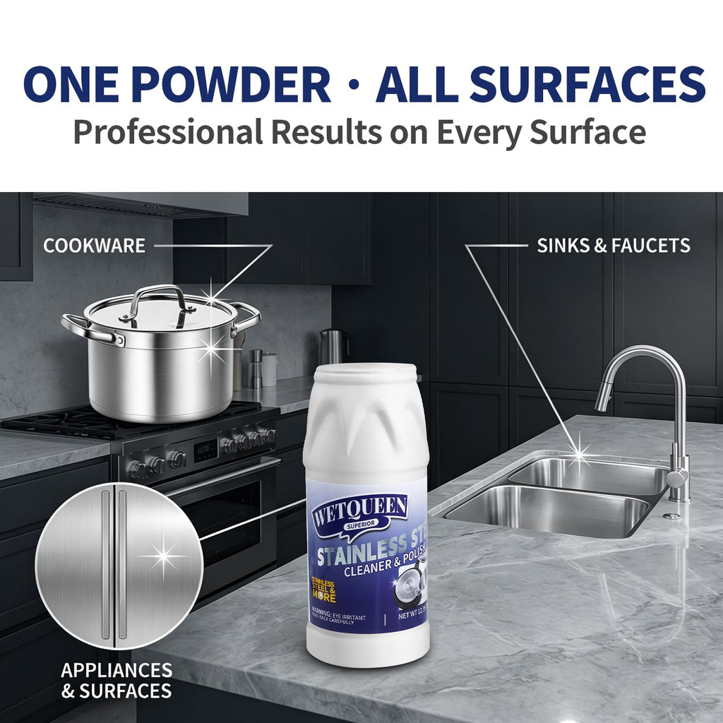 WETQUEEN Stainless Steel Cleaner and Polish Kit - Heavy Duty Cookware Cleanser Powder with 3 Pads - Removes Burnt Stains, Rust, Water Spots & Grease from Pots, Pans, Sinks & Appliances (12.35 oz)