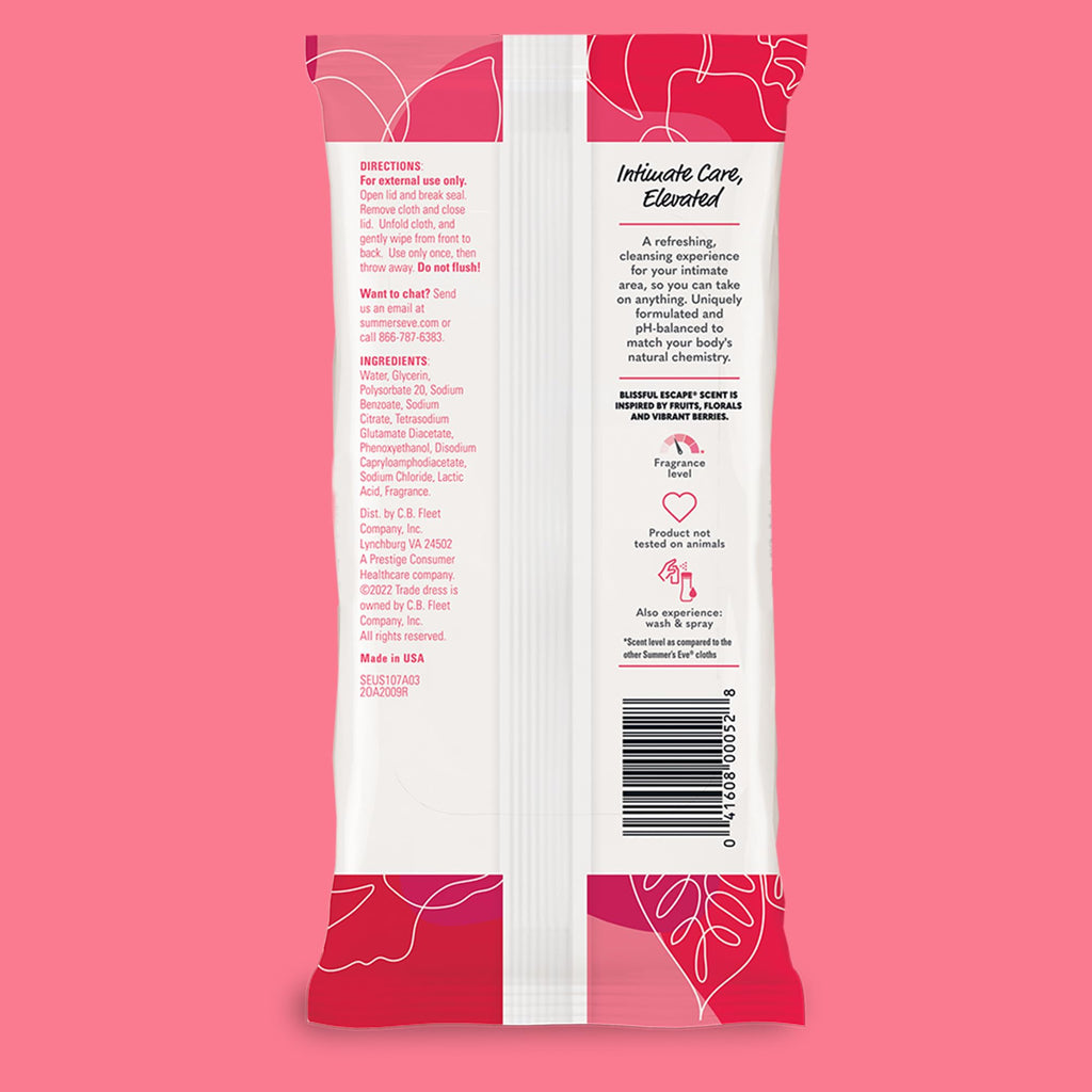 Summer's Eve Blissful Escape Feminine Wipes, Gentle pH-Balanced Formula Helps Control Vaginal Odor, Resealable Pack, 32 Wipes (Pack of 12)