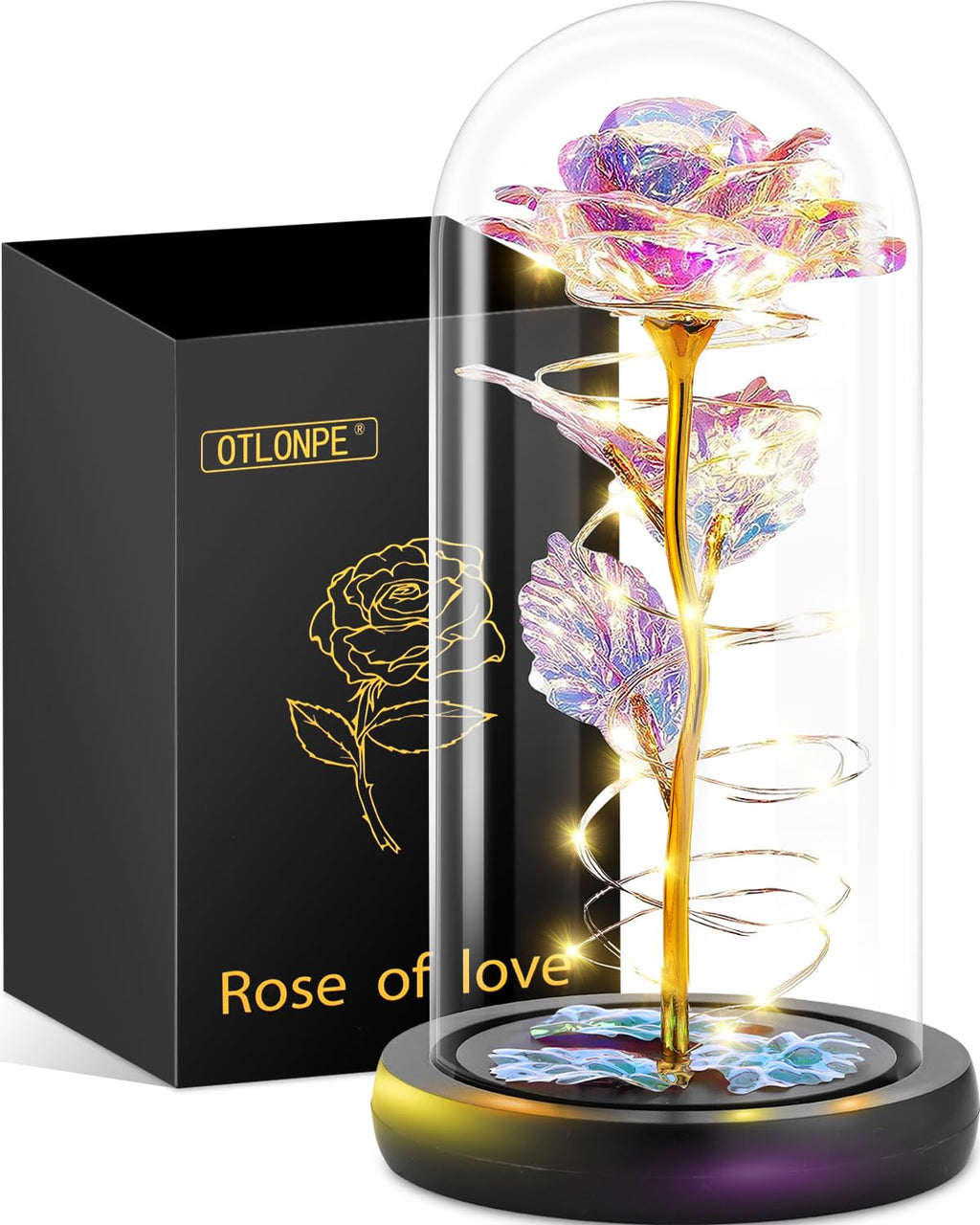 Otlonpe Forever Artificial Glass Rose Flower Lamp, Women Gifts for Birthday Christmas Valentines Mothers Day, Home Decor, Preserved 7.7'' Rose Gifts for Mom Grandma Daughter Wife Girlfriend (Rainbow)