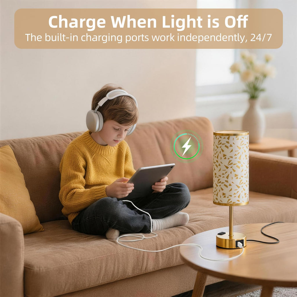 Fitfull Table Lamp for Nightstand, High-Sensitivity Touch, 3-Level Dimmable Bedside Lamp with AC Outlet | USB | and USB-C, Ideal Night Stand Lamp for Bedroom, Reading, Living Room(Triangle&Gold)