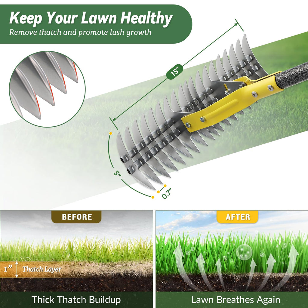 Thatch Rake, 15-Inch Wide Manual Dethatcher Rake for Cleaning Dead Grass, Loosening Soil, 55" Efficient Steel Metal Dethatching Rake with Long Adjustable Handle, Thatch Rakes for Lawns, Yard, Garden