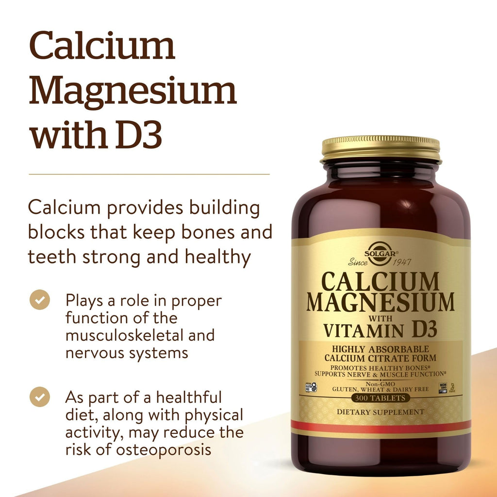 Solgar Calcium Magnesium with Vitamin D3, 300 Tablets - Promotes Healthy Bones, Supports Nerve & Muscle Function - Highly Absorbable Form - Non-GMO and Gluten Free - 60 Servings