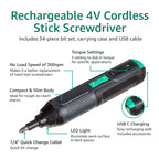 Amazon Basics by SKIL 4V Rechargeable Cordless Stick Screwdriver with 34-Piece Bit Set, Carrying Case, USB-C Charging, LED Work Light, 3 Torque Settings, Portable