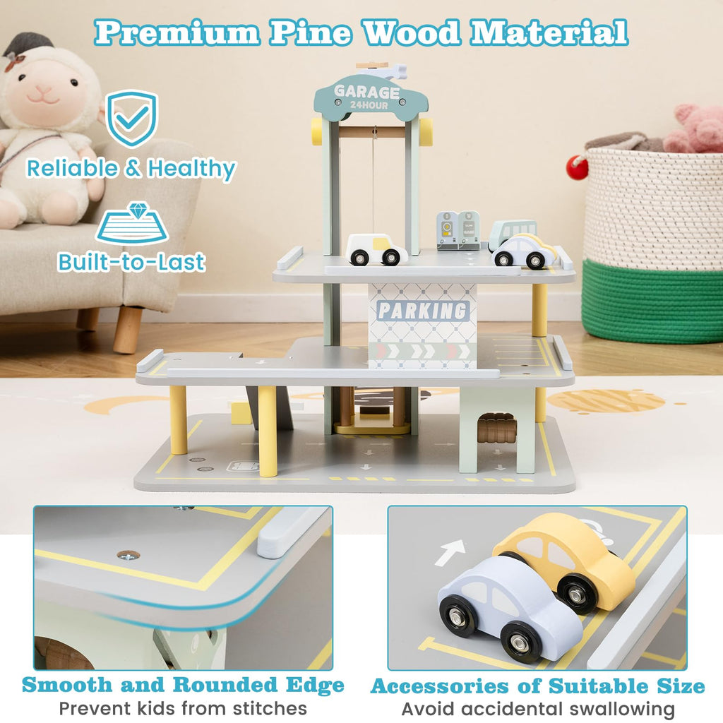 GLACER Wooden Garage Playset, Toddler Parking Garage Toy w/Elevator, Helipad, Wash Center, Charging & Gas Station, Pretend Vehicle Center for Kids 3+ Years Old