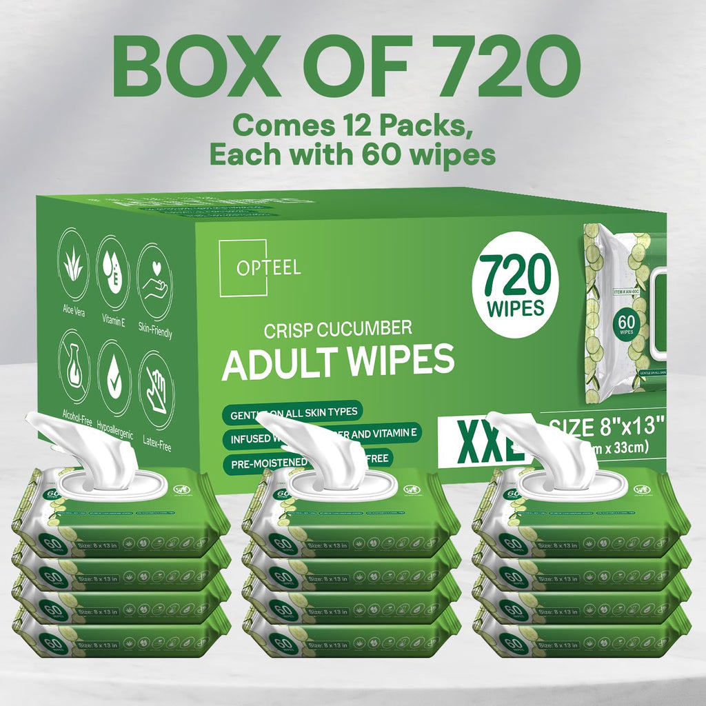 Adult Wipes Extra Large Scented - Skin-Friendly Incontinence Wet Wipes for Adults & Elderly Disposable Washcloths - 8x13" 12 Packs of 60 (720 Wipes)