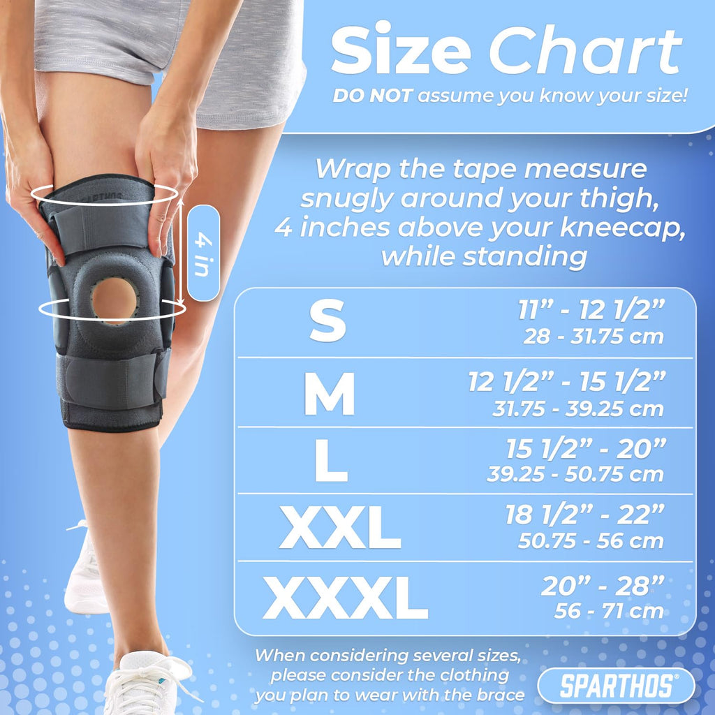 Sparthos Knee Brace - Heavy-Duty Hinged Support for ACL, MCL, Meniscus Tear, Arthritis, Tendonitis Pain - Open Patella - 4-Strap Adjustable, For Men and Women, Check Size Chart (Medium, 12½-15½″ Thigh)