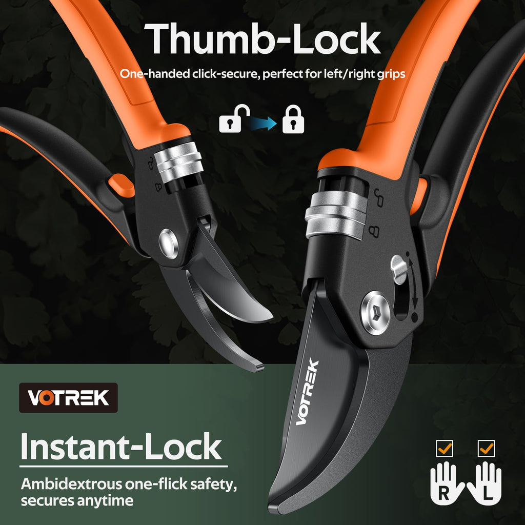 VOTREK® Pruning Shears, Patented Stepless Handle Opening for All Hand Size