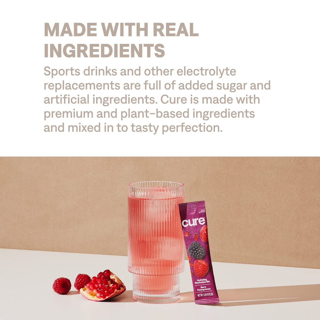 Cure Hydration | Plant-Based Electrolyte Drink Mix | No Added Sugar | FSA-HSA | Dehydration Relief Powder Made with Coconut Water | Non-GMO | Vegan | Pouch of 14 Packets - Berry Pomegranate