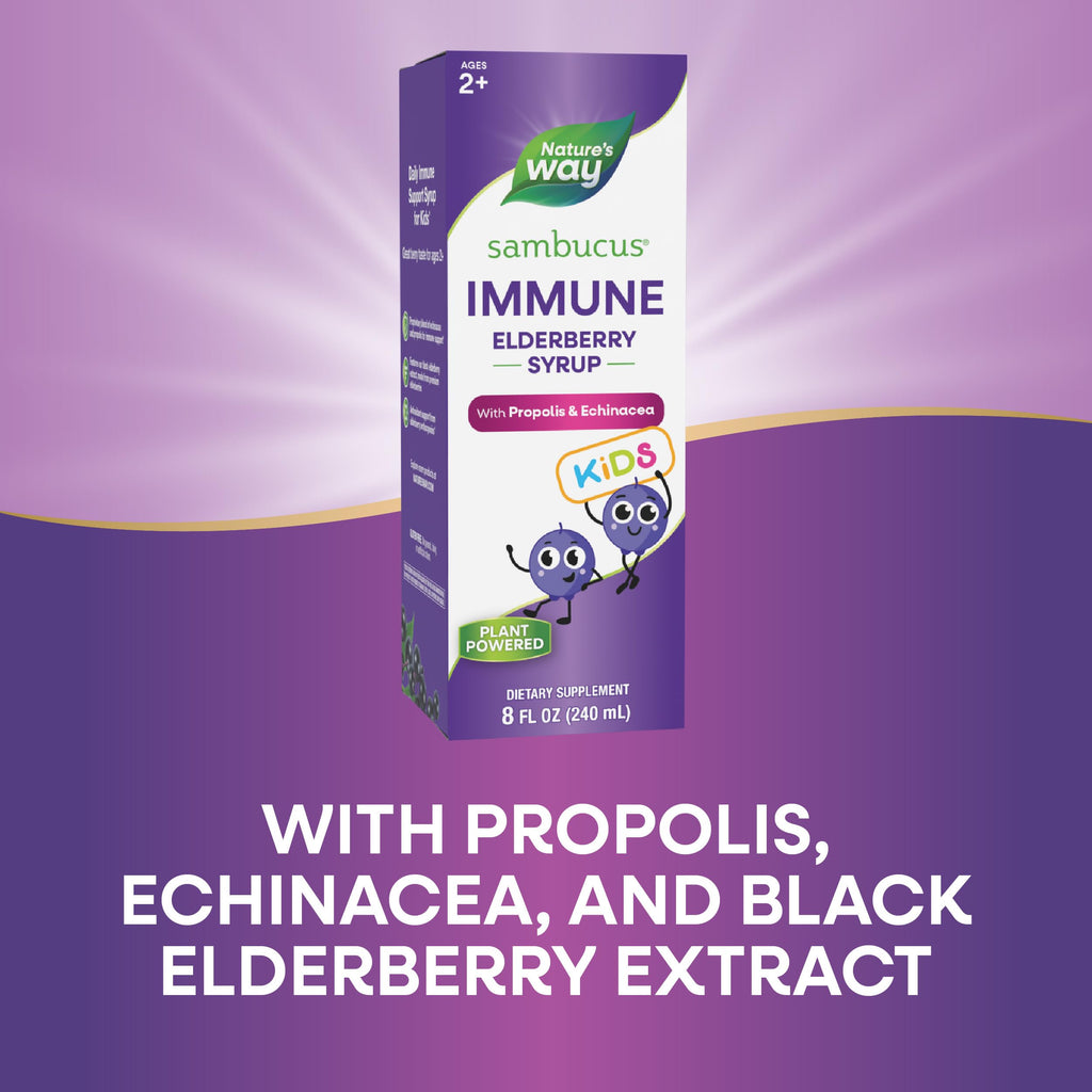 Nature's Way Sambucus Elderberry Immune Syrup for Kids Ages 2+,Echinacea & Propolis,with Superfood Antioxidants(1),Immune Support Syrup*,Vegetarian,Berry Flavored,8 Fl Oz,(Pack of 2)