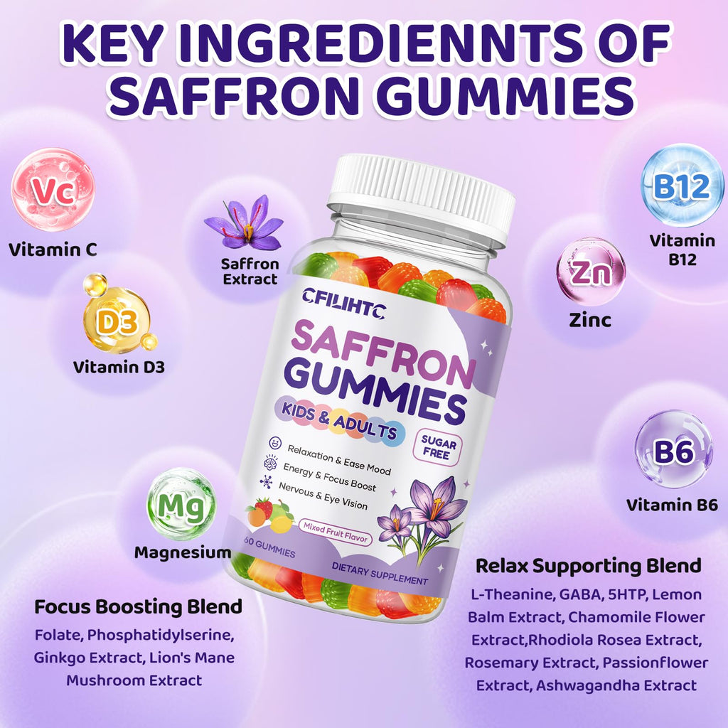 Saffron Gummies for Kids & Adults, 20-in-1 Saffron Supplements with 88.5mg Saffron Extract, B6, B12, C, D3, Magnesium for Calm, Focus, Nerve, Sugar Free, Vegan, Non-GMO - Mixed Fruit Flavor, 60 Counts