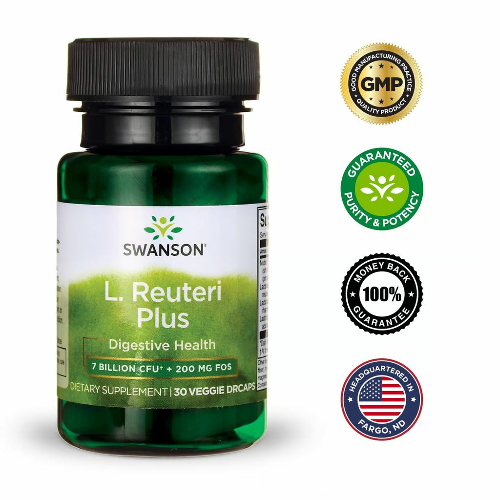 Swanson L. Reuteri Probiotic Plus w/L. Rhamnosus L. Acidophilus & FOS Prebiotic Digestive Support - Promotes Gut Health w/ 7 Billion CFU per Capsule - (30 Veggie Capsules) (4 Pack)