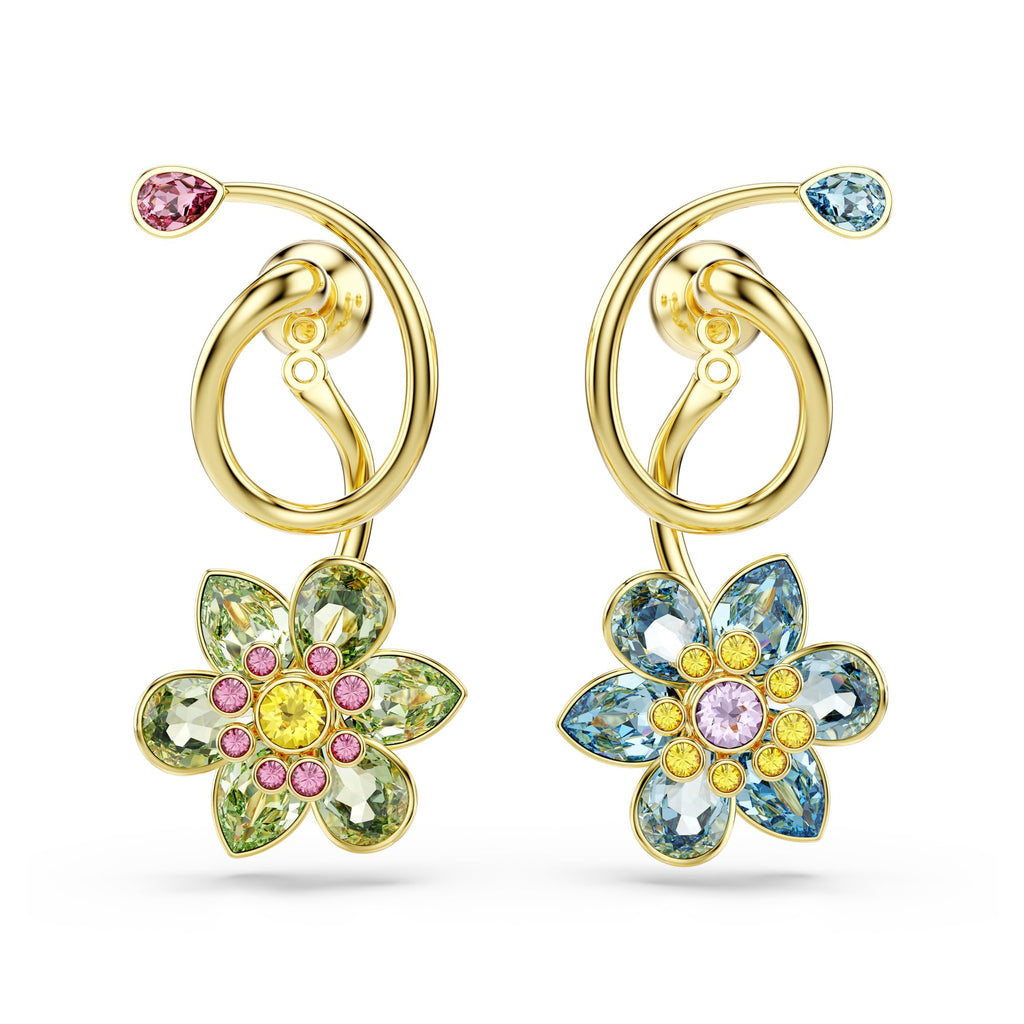 Swarovski Idyllia drop earrings, Asymmetrical design, Mixed cuts, Flower, Multicolored, Gold-tone finish