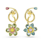 Swarovski Idyllia drop earrings, Asymmetrical design, Mixed cuts, Flower, Multicolored, Gold-tone finish