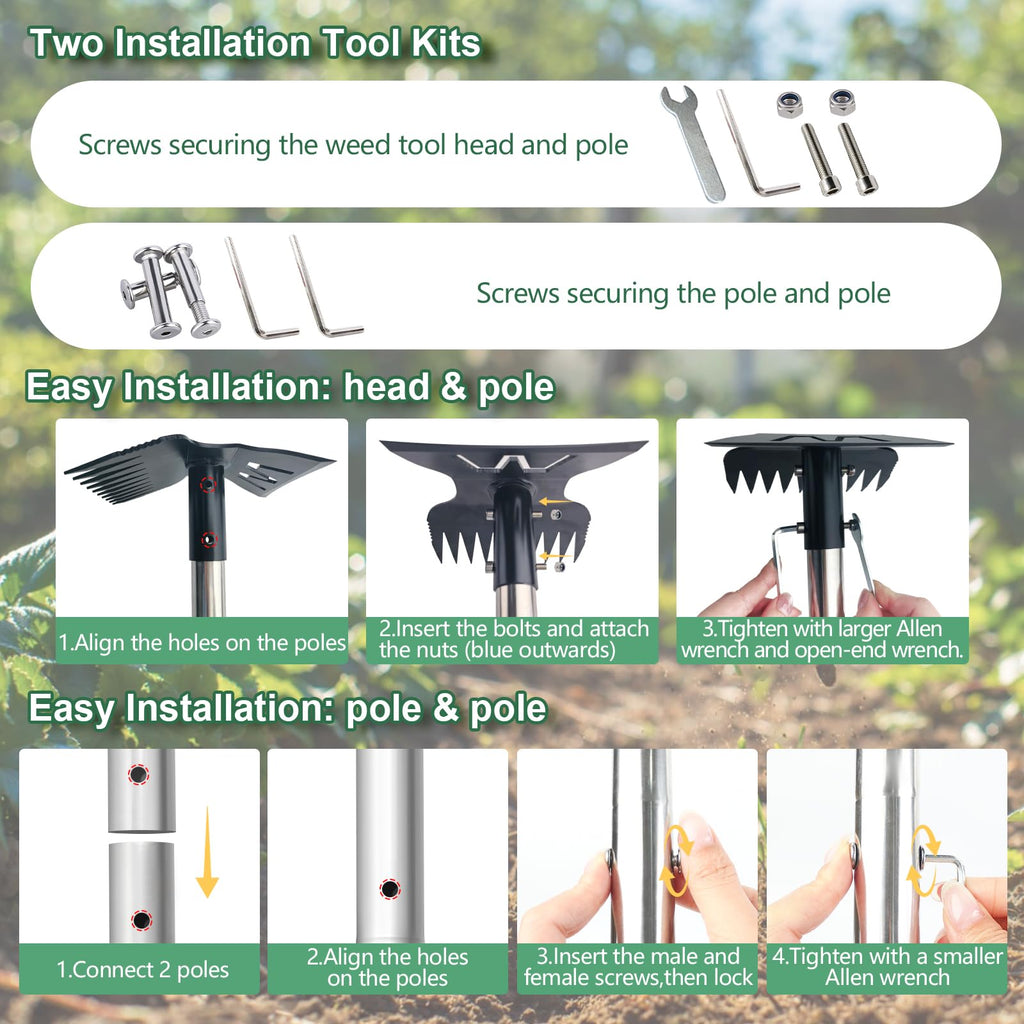 Larger Weed Puller Tool with Long Handle, 2-in-1 Heavy Duty Weed Rake & Hoe