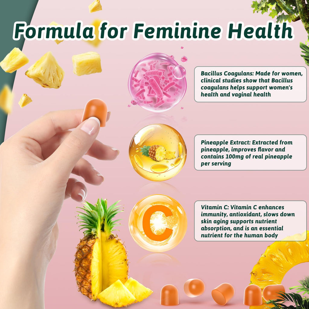 Mosslly Feminine Balance Gummies for Women - Premium Balance Supplement for Women PH Health, Gut Healthy, Immune Support, Hawaiian Pineapple Flavor, 60 Gummies