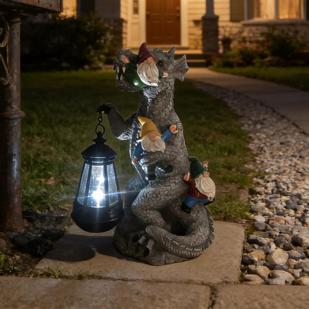 SAMPU CRAFT 12.3 Inch Dinosaur Garden Gnome Statue with Solar Lantern