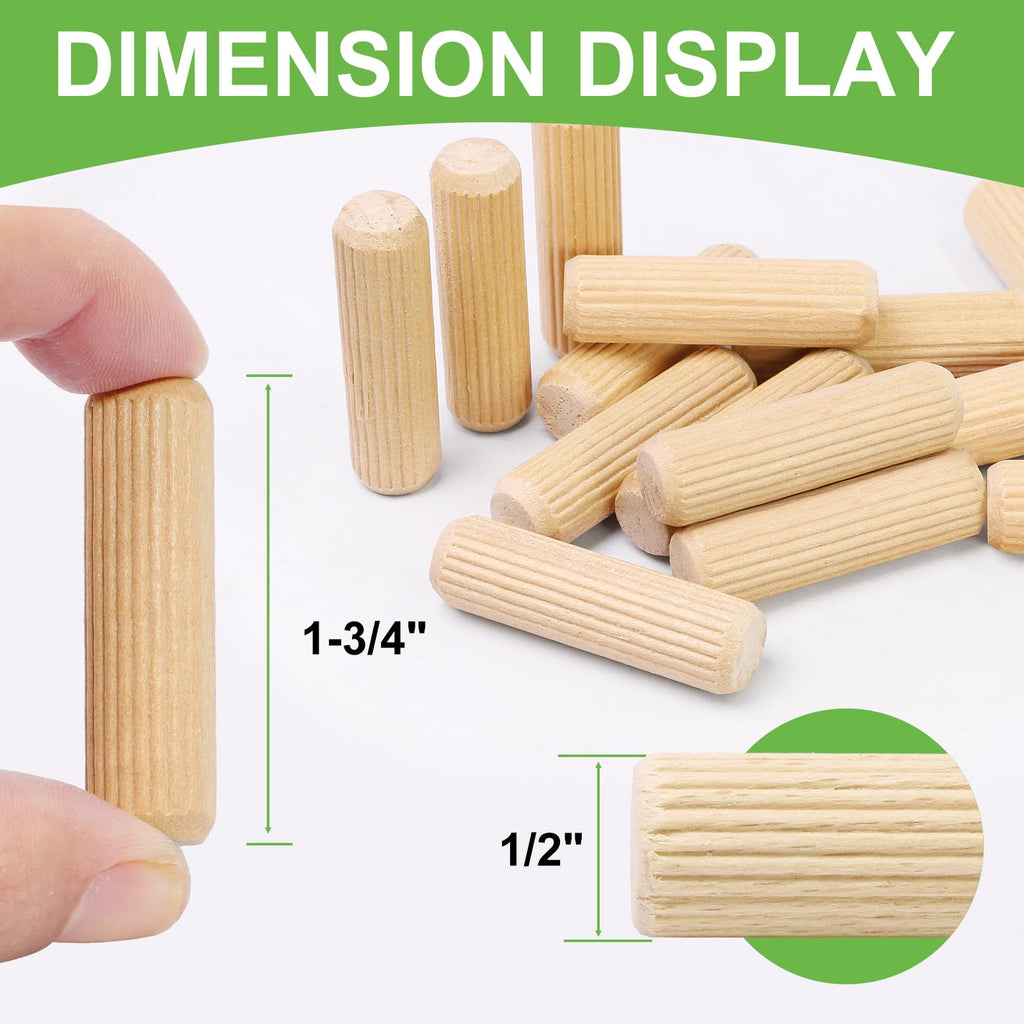 1/2" x 1-3/4" Wooden Dowel Pins, FoDau770 Fluted Wood Dowel Rods, Natural Beech Wood Dowel Pegs for Crafts, Woodworking, DIY Furniture - 200 Pieces