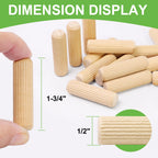 1/2" x 1-3/4" Wooden Dowel Pins, FoDau770 Fluted Wood Dowel Rods, Natural Beech Wood Dowel Pegs for Crafts, Woodworking, DIY Furniture - 200 Pieces
