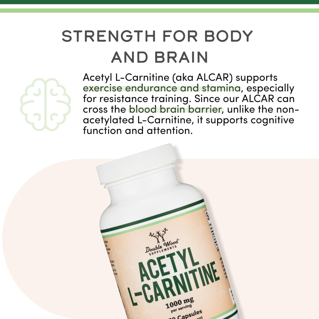 Acetyl L-Carnitine 1,000mg Per Serving, 150 Capsules (ALCAR for Brain Function Support, Memory, Attention, and Stamina) Acetyl L Carnitine That is Third Party Tested by Double Wood (Pack of 2)