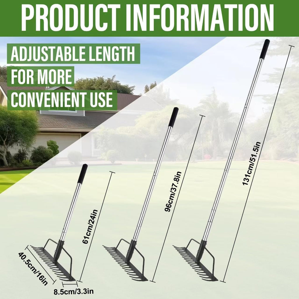 BARAYSTUS 15 Inch Wide Bow Rake, 16 Steel Tines Metal Head Rake Tool with Stainless Steel Handle, Adjustable Long Handle Garden Rake for Loosening Soil Leveling Mulch Gathering Lawns Leaves