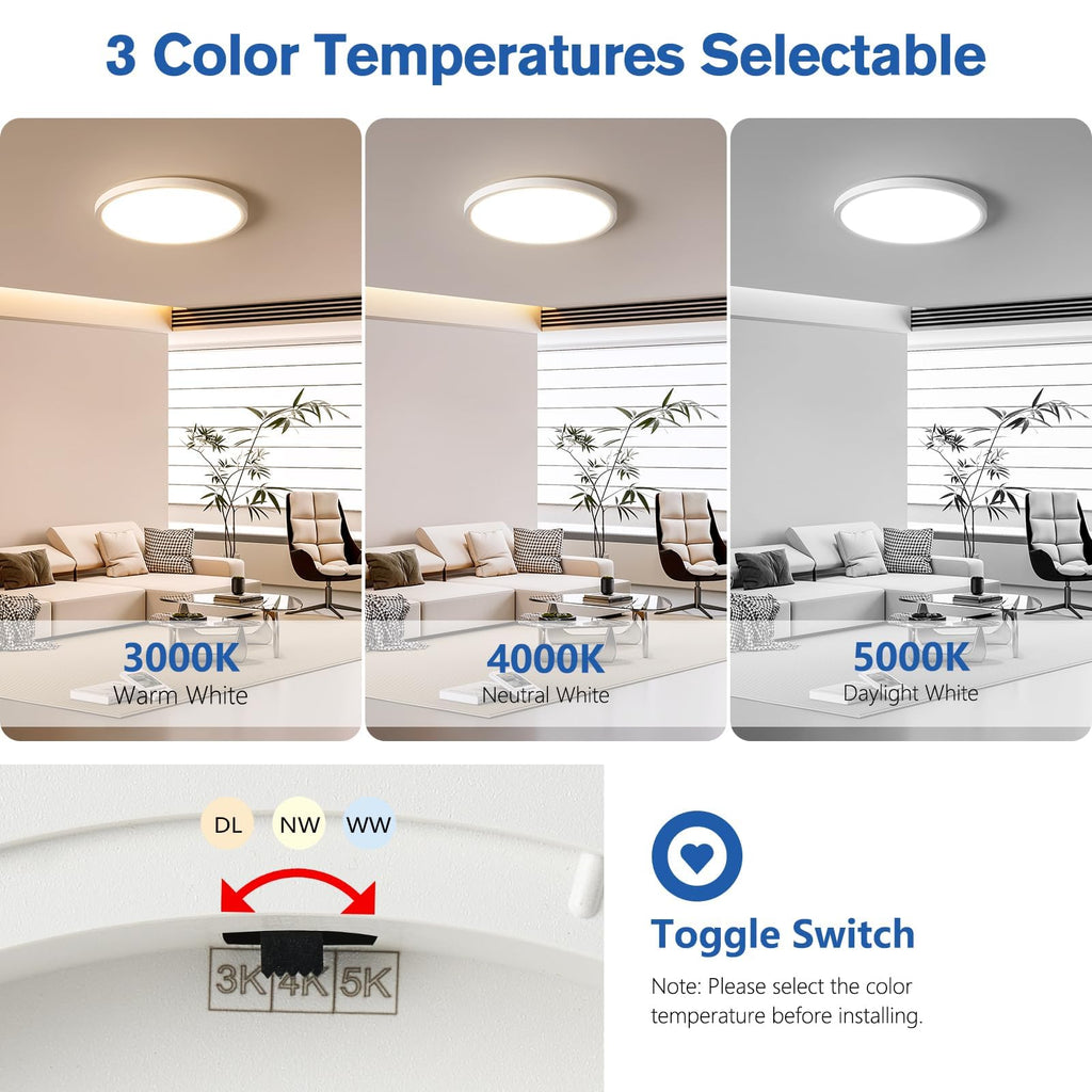 YELIOLED 6 Pack 12 Inch Slim Dimmable LED Flush Mount Ceiling Light Fixtures, 24W 2640LM 3000K/4000K/5000K, House Upgrade Led Lights for Bedroom Hallway Laundry Room Rental Units, 240W Equiv., White
