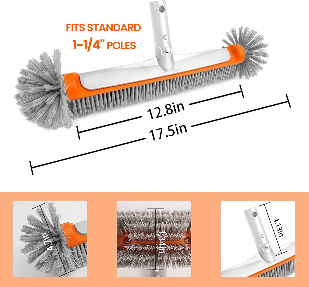 Poolvio Professional 17.5" Floor & Wall Pool Cleaning Brush with Tough Around Nylon Bristles, EZ Clip Aluminum Handle- Easily Sweep from Walls, Floors, Steps (Orange)