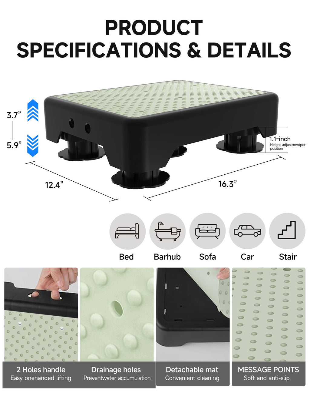 LIFTOZA Adjustable Step Stool for Adults, Noctilucent Bed Step Stools, 600 LBS Capacity Safety Step Platform, Indoor and Outdoor Steps for Seniors, Non-Slip Stepping Stool Elderly Assistance at Night