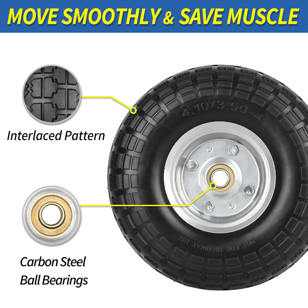 GICOOL 4.10/3.50-4" Flat Free Tire and Wheel, 10" Heavy Duty Solid Tire, 5/8" Axle Bore Hole, 2.2" Offset Hub, for Hand Truck Garden Cart Wagon Trolley Dolly, 2 Pack