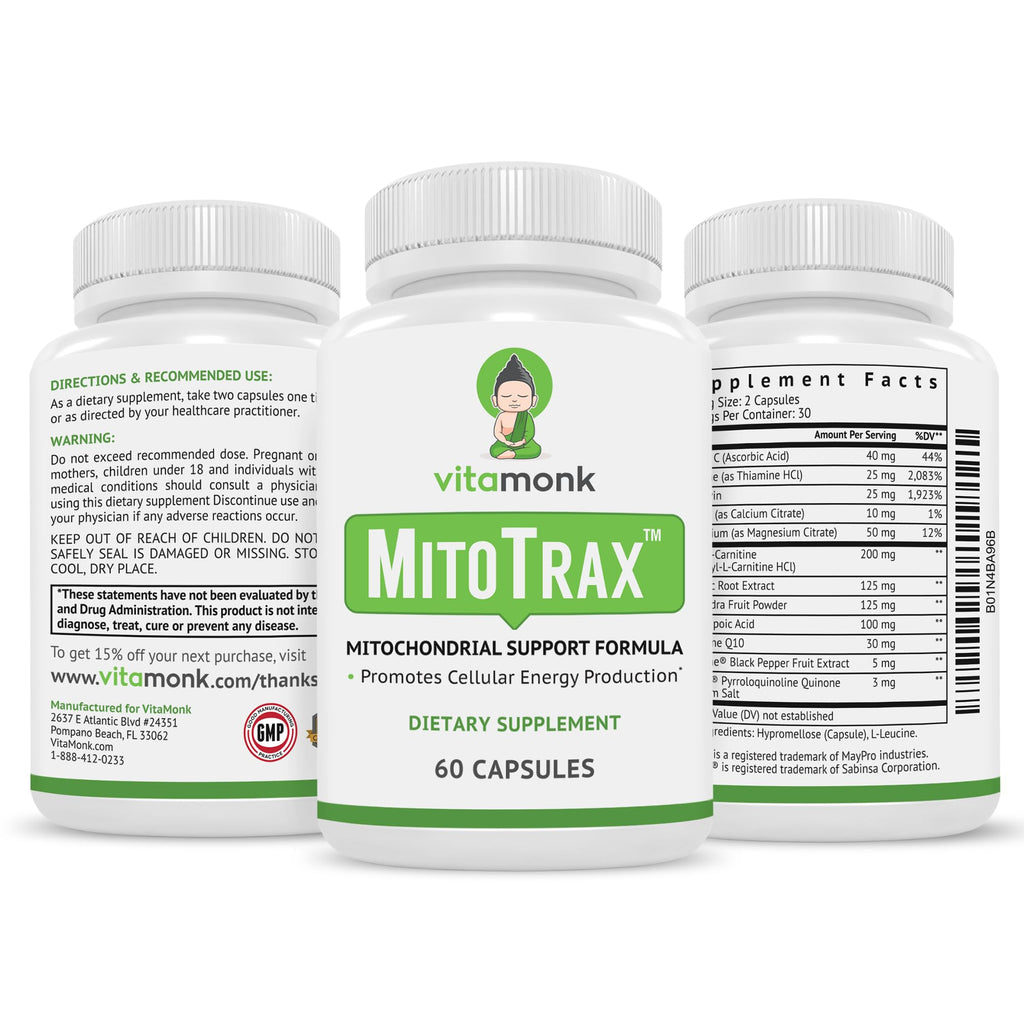 VitaMonk Mitochondrial Supplements - MitoTrax - Revitalize and Repair Cells - Mitochondria Supplement for Cellular Energy - Advanced Mitochondrial Formula - PPQ Supplement Formula - 60 Capsules